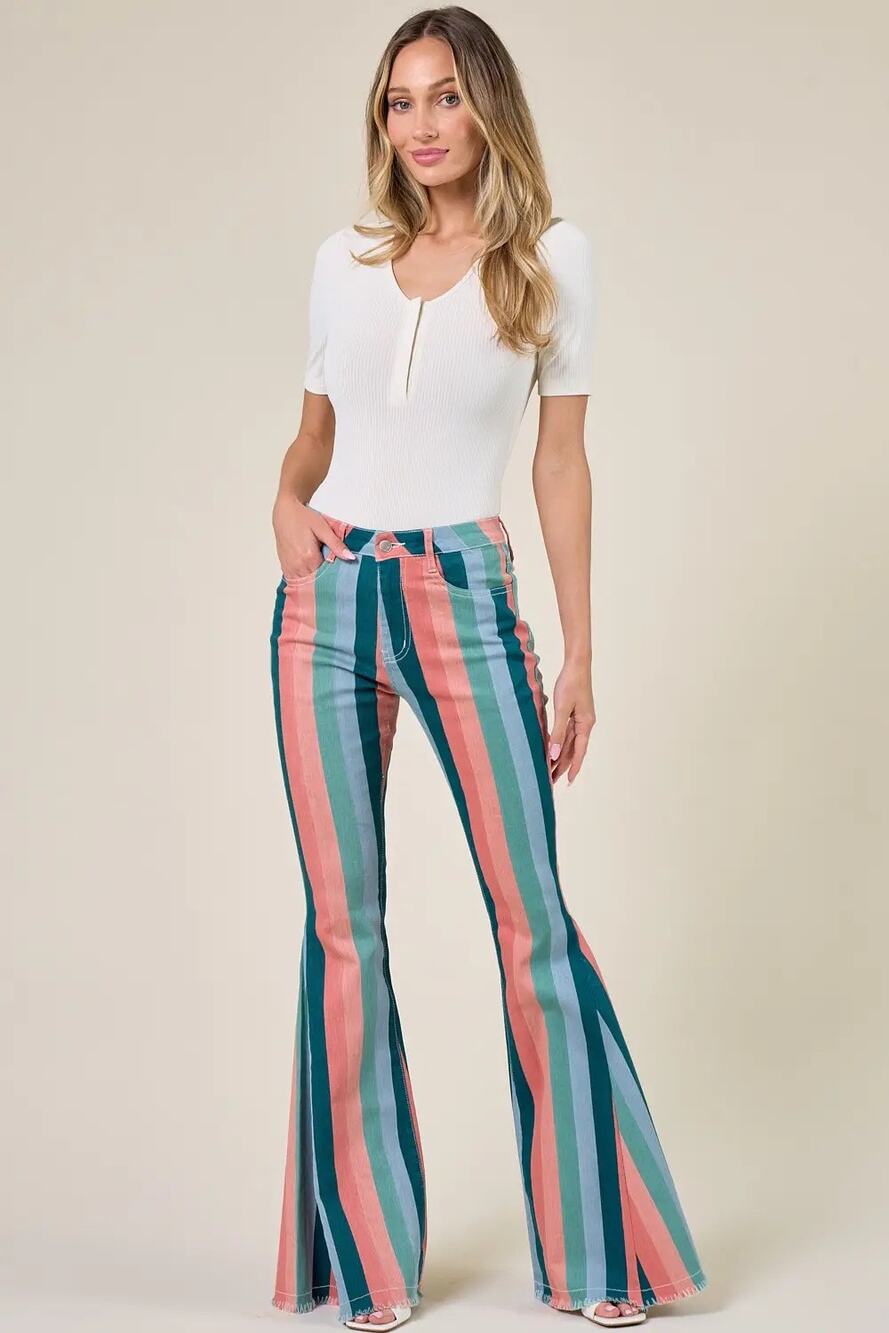 Peach Love California Western Flare Jeans Striped Size Large High Rise